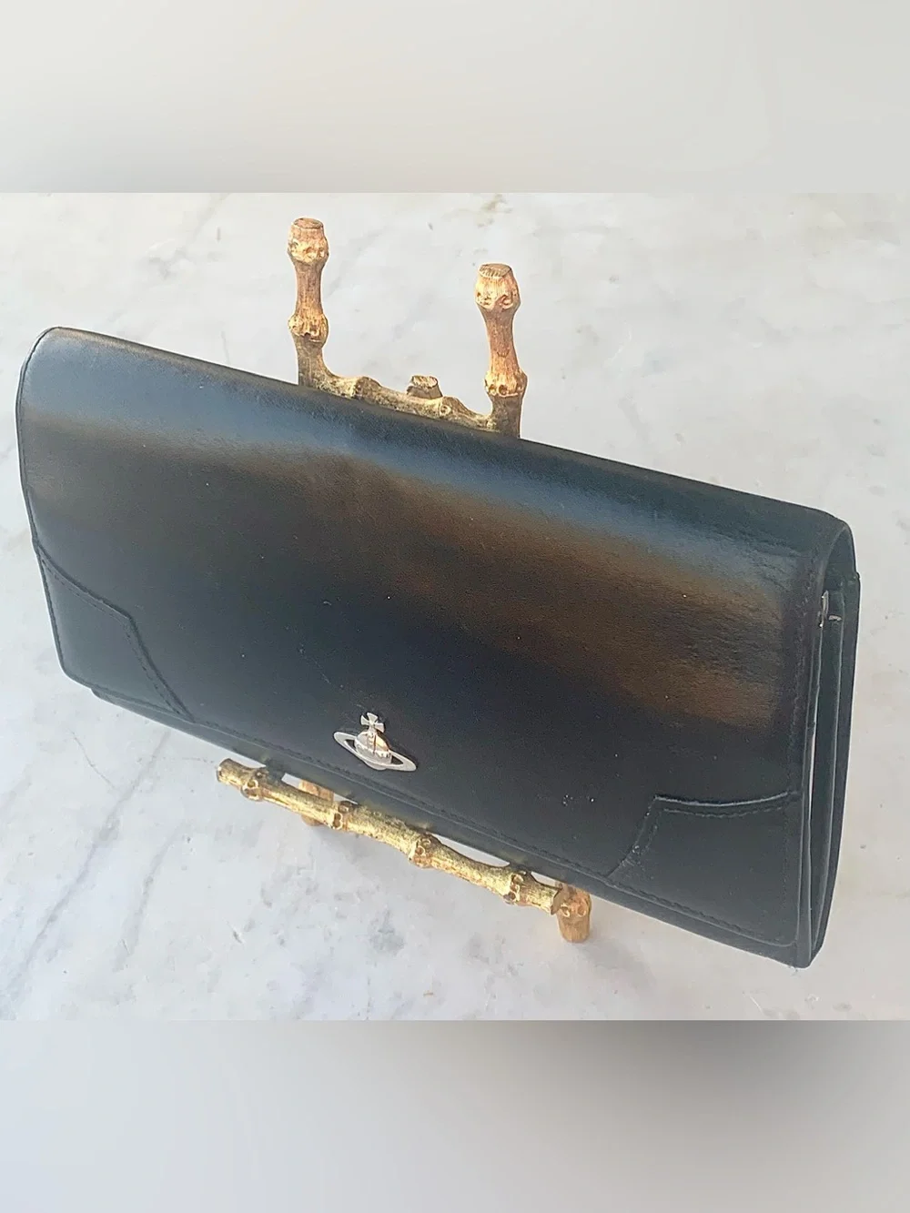VIVIENNE WESTWOOD EXECUTIVE CLASP Black Leather LONG Wallet SILVER ORB STRIPE